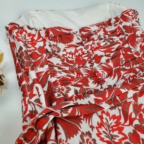 🔴 Campaign Brown Red Floral Belted Strapless Dress Size 6 - Picture 12 of 15
